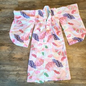 Vintage White & Pink Fan Print Japanese Authentic Style Kimono Mini Robe XS